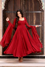 Red Georgette Anarkali Gown with Flair & Handwork Dupatta Perfect For Karwa Chauth Festive Wear