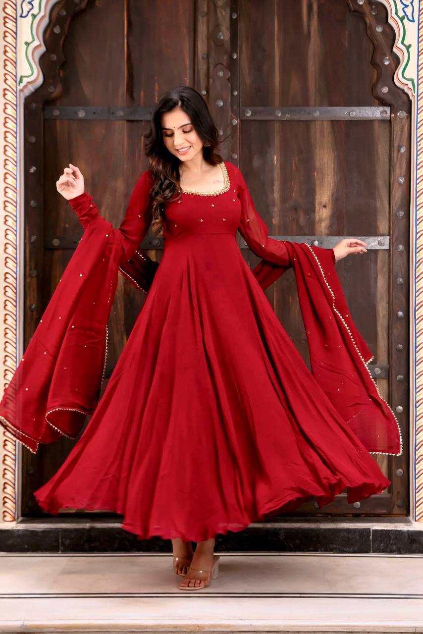 Red Georgette Anarkali Gown with Flair & Handwork Dupatta Perfect For Karwa Chauth Festive Wear