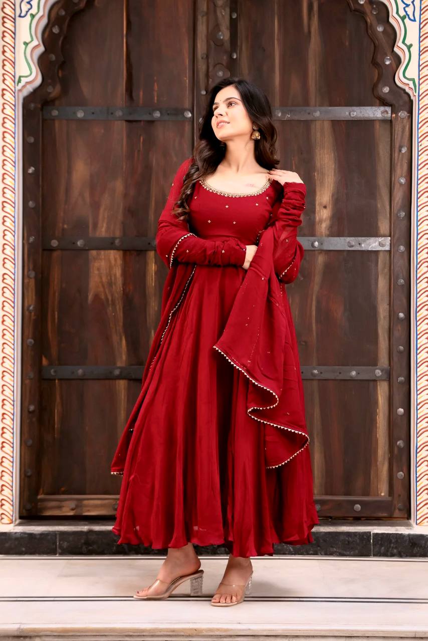 Red Georgette Anarkali Gown with Flair & Handwork Dupatta Perfect For Karwa Chauth Festive Wear