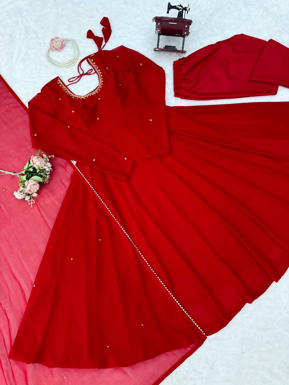 Red Georgette Anarkali Gown with Flair & Handwork Dupatta Perfect For Karwa Chauth Festive Wear