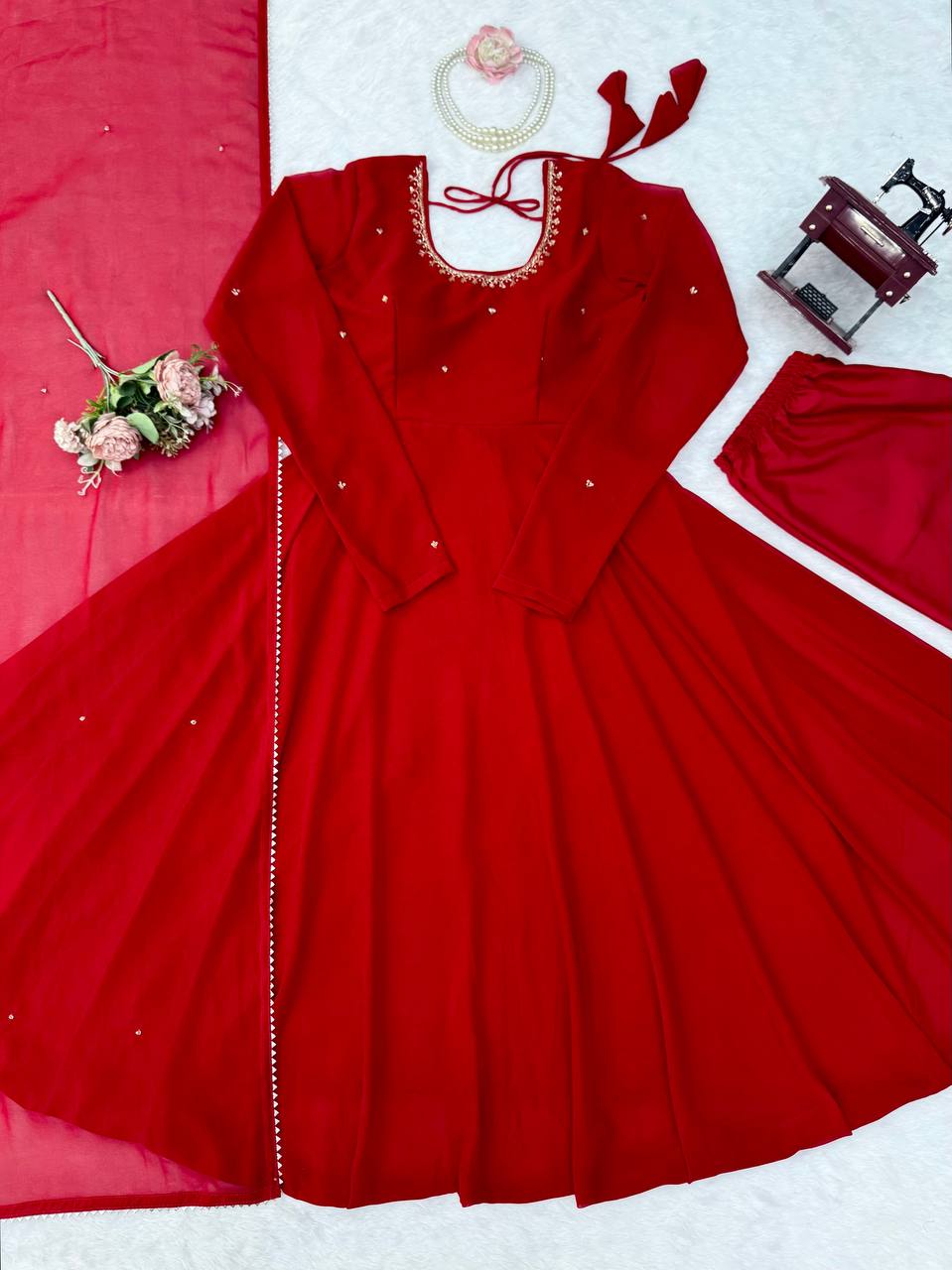 Red Georgette Anarkali Gown with Flair & Handwork Dupatta Perfect For Karwa Chauth Festive Wear
