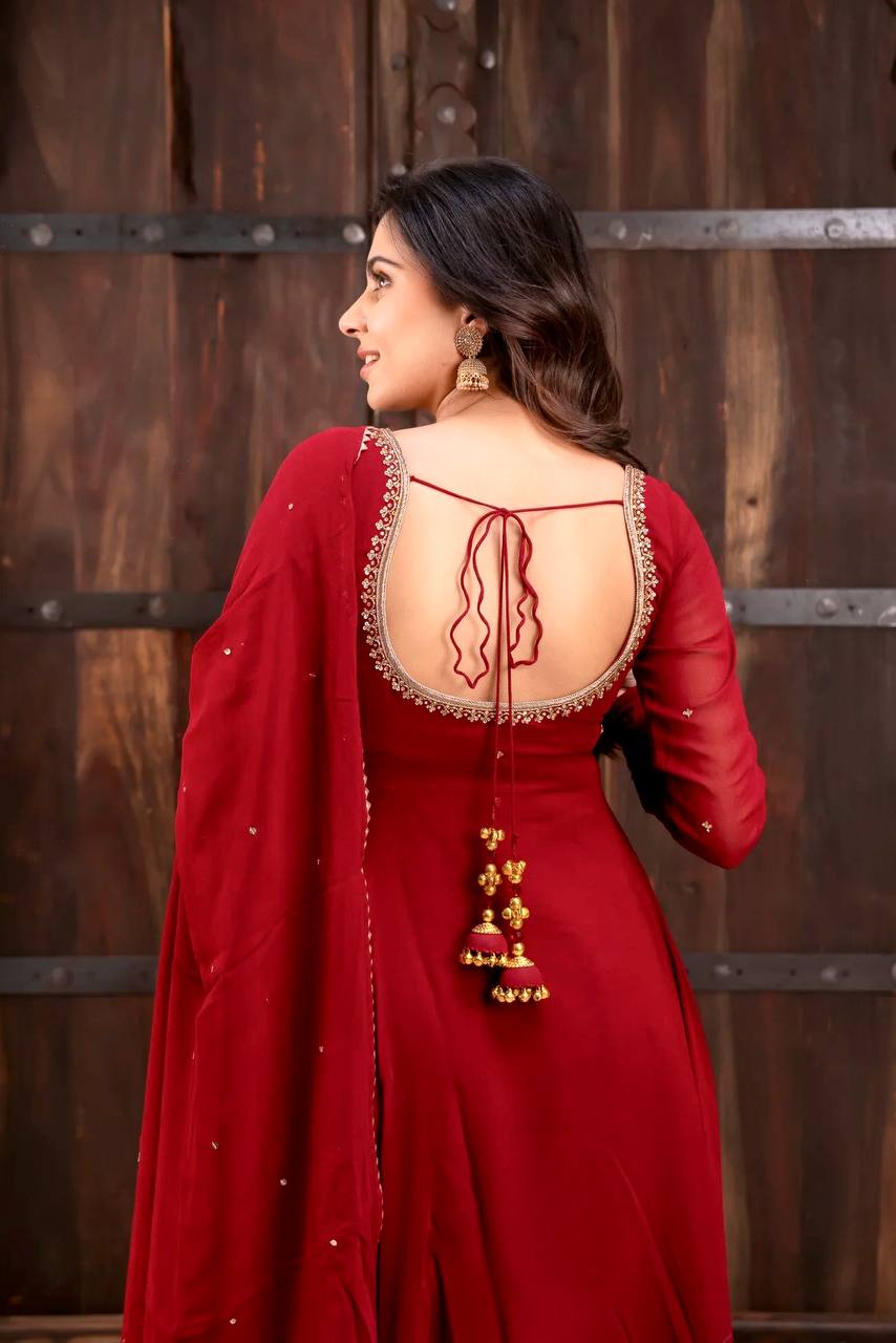 Red Georgette Anarkali Gown with Flair & Handwork Dupatta Perfect For Karwa Chauth Festive Wear