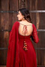Red Georgette Anarkali Gown with Flair & Handwork Dupatta Perfect For Karwa Chauth Festive Wear