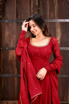 Red Georgette Anarkali Gown with Flair & Handwork Dupatta Perfect For Karwa Chauth Festive Wear