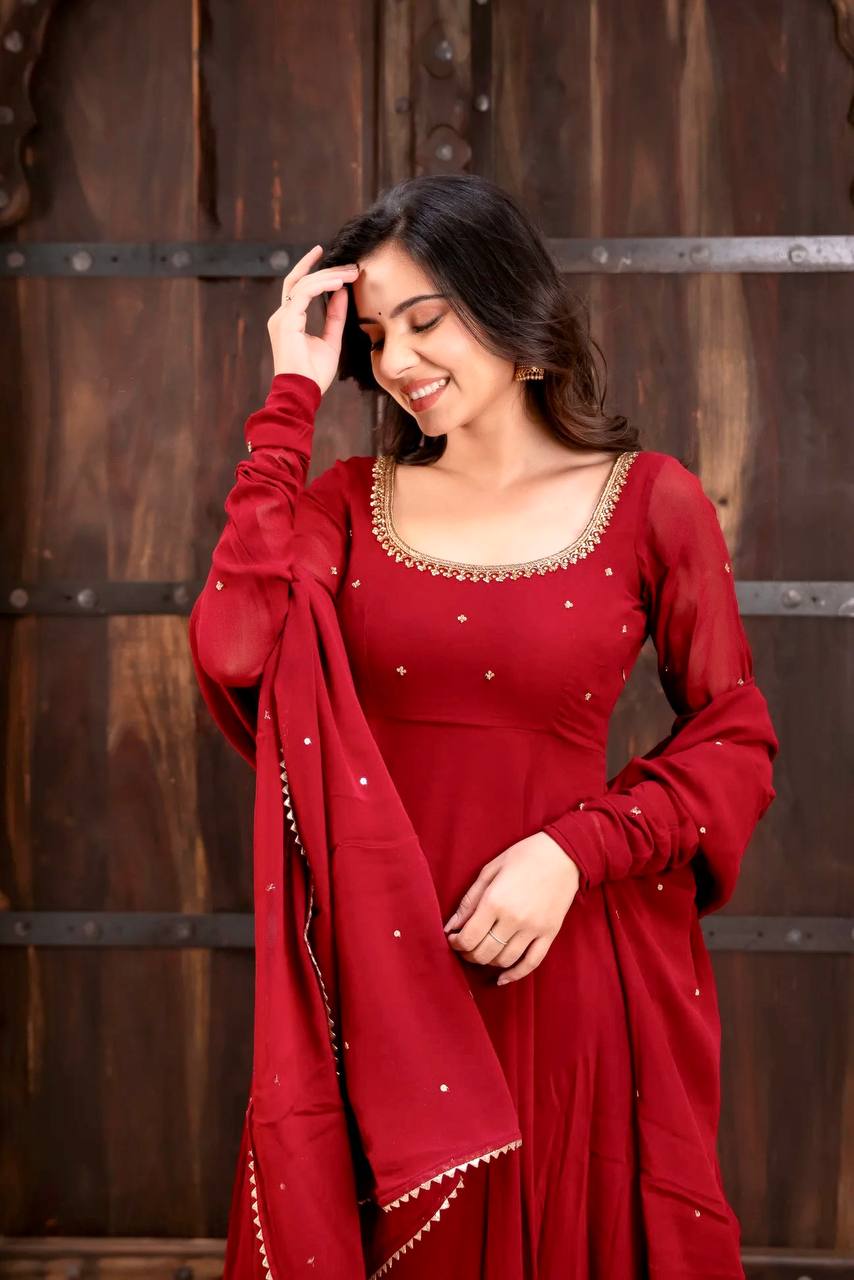 Red Georgette Anarkali Gown with Flair & Handwork Dupatta Perfect For Karwa Chauth Festive Wear