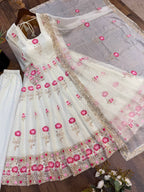 Elegant Lotus Embroidered Anarkali Gown with Sequin Work Dupatta & Pant Set