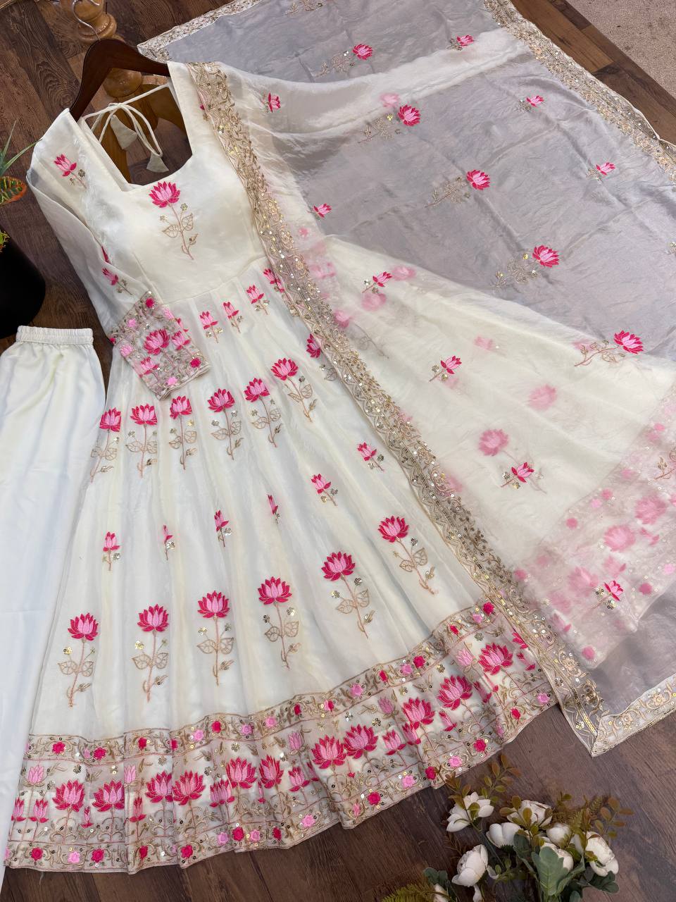 Elegant Lotus Embroidered Anarkali Gown with Sequin Work Dupatta & Pant Set