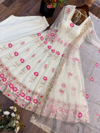 Elegant Lotus Embroidered Anarkali Gown with Sequin Work Dupatta & Pant Set