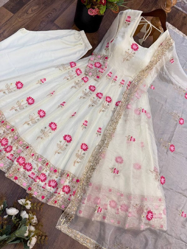 Elegant Lotus Embroidered Anarkali Gown with Sequin Work Dupatta & Pant Set