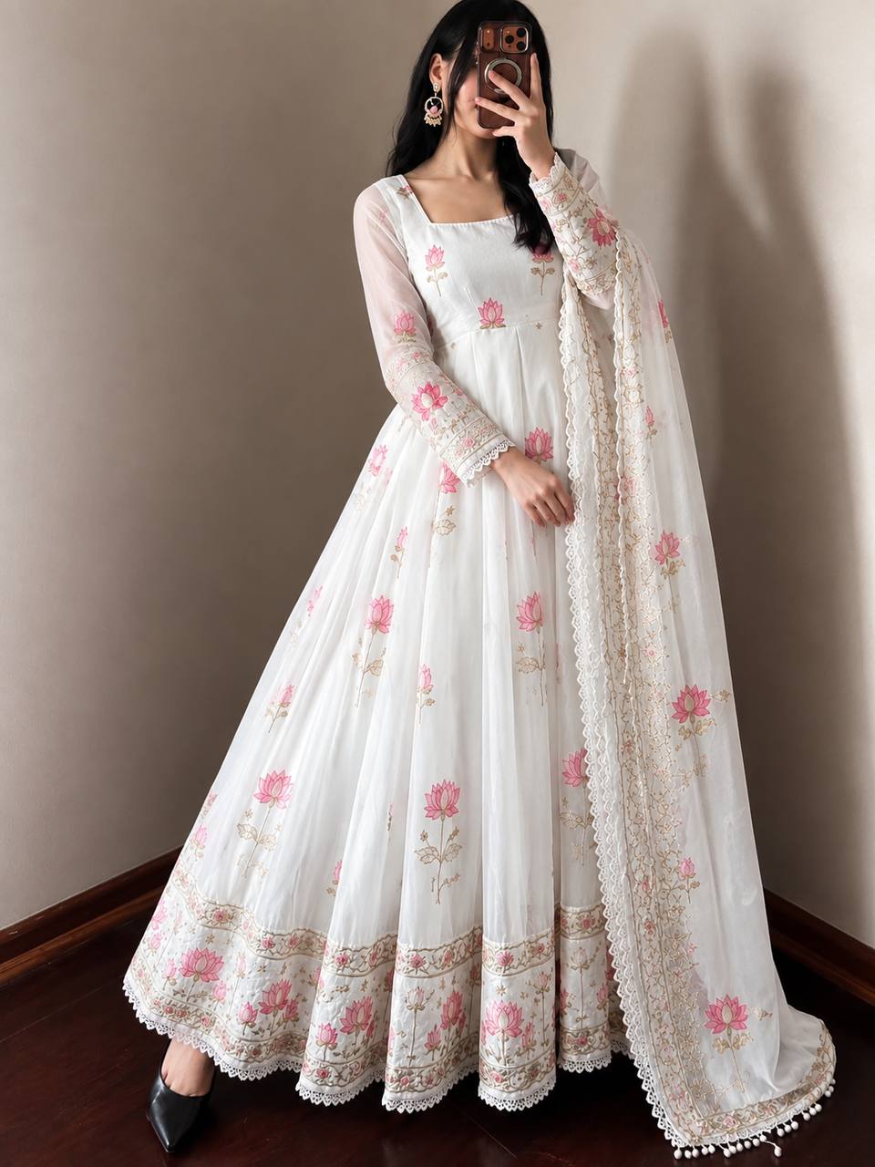 Elegant Lotus Embroidered Anarkali Gown with Sequin Work Dupatta & Pant Set