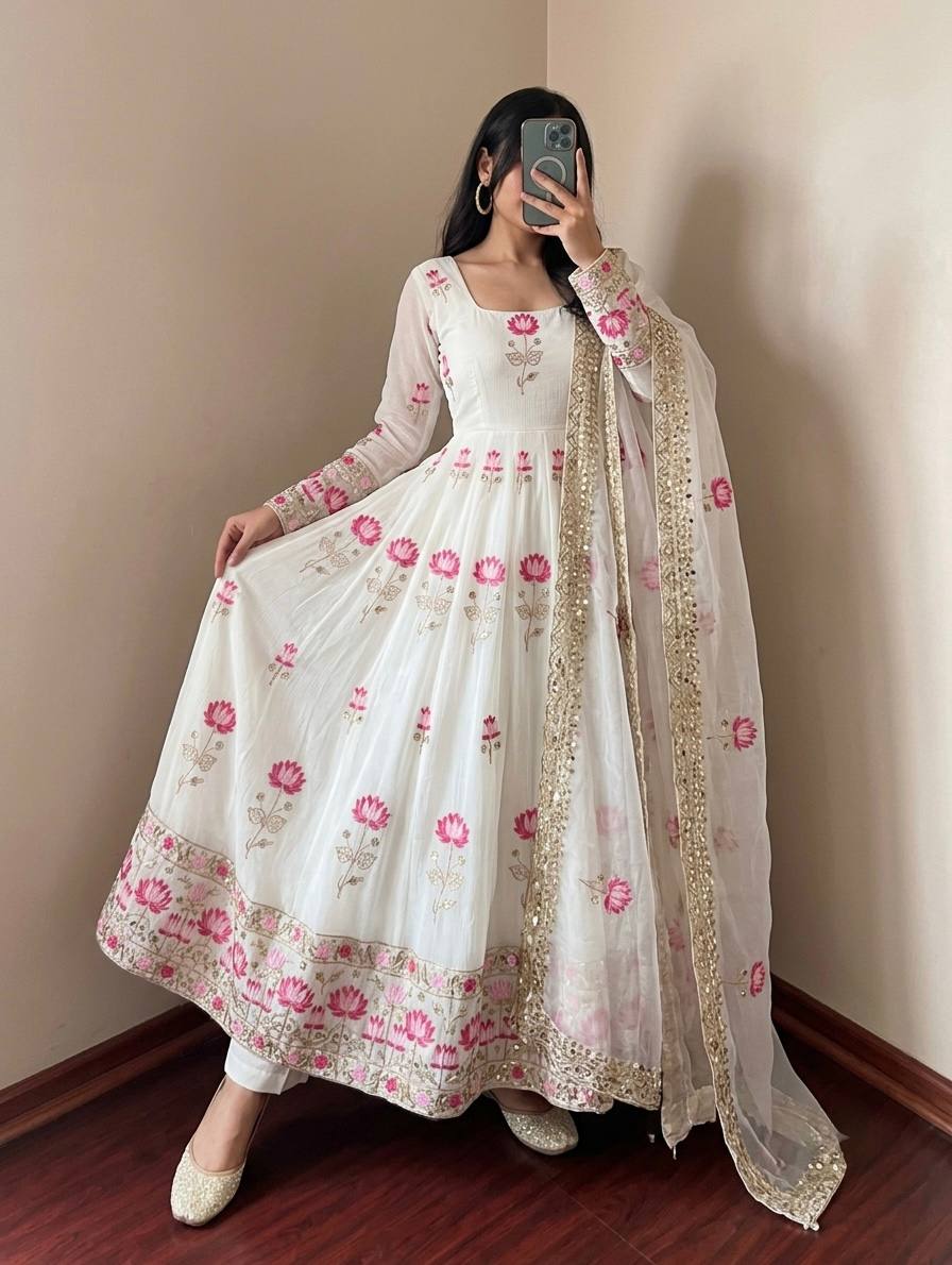 Elegant Lotus Embroidered Anarkali Gown with Sequin Work Dupatta & Pant Set