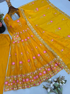Elegant Lotus Embroidered Anarkali Gown with Sequin Work Dupatta & Pant Set