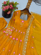 Elegant Lotus Embroidered Anarkali Gown with Sequin Work Dupatta & Pant Set