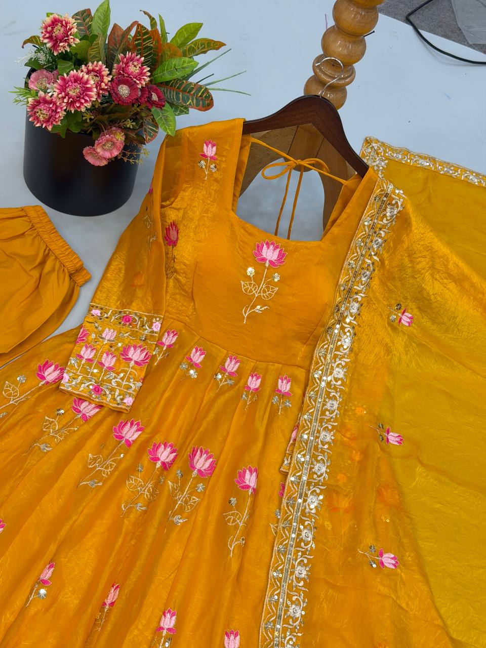 Elegant Lotus Embroidered Anarkali Gown with Sequin Work Dupatta & Pant Set