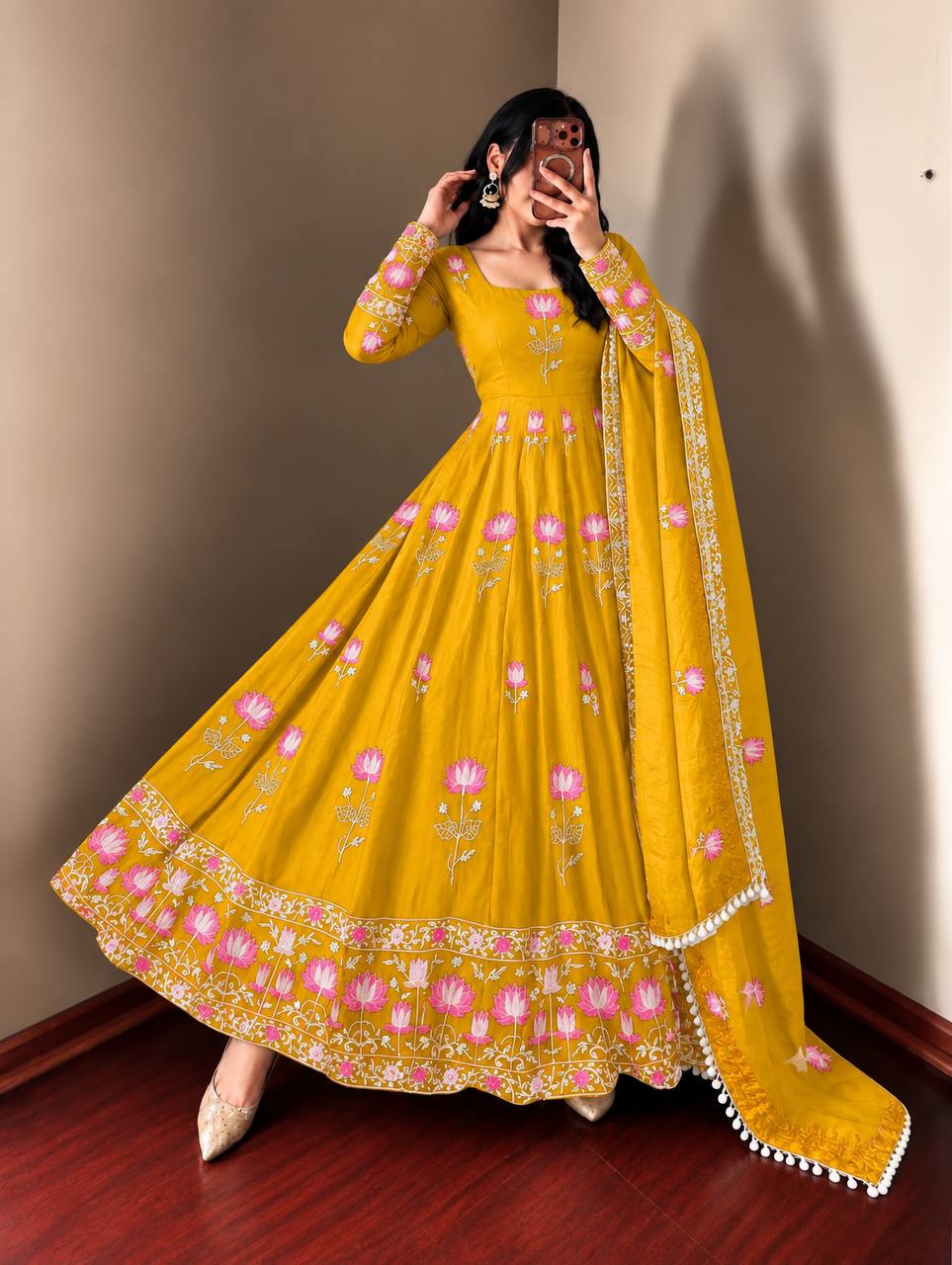 Elegant Lotus Embroidered Anarkali Gown with Sequin Work Dupatta & Pant Set