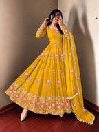 Elegant Lotus Embroidered Anarkali Gown with Sequin Work Dupatta & Pant Set