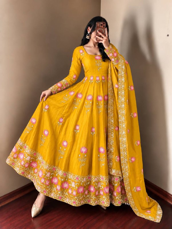Elegant Lotus Embroidered Anarkali Gown with Sequin Work Dupatta & Pant Set