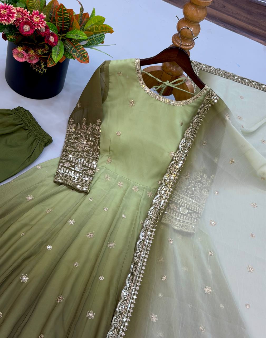 Floral Sequin Embroidered Georgette Anarkali Gown with Designer Dupatta & Pant Set