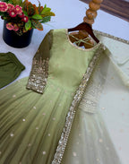 Floral Sequin Embroidered Georgette Anarkali Gown with Designer Dupatta & Pant Set