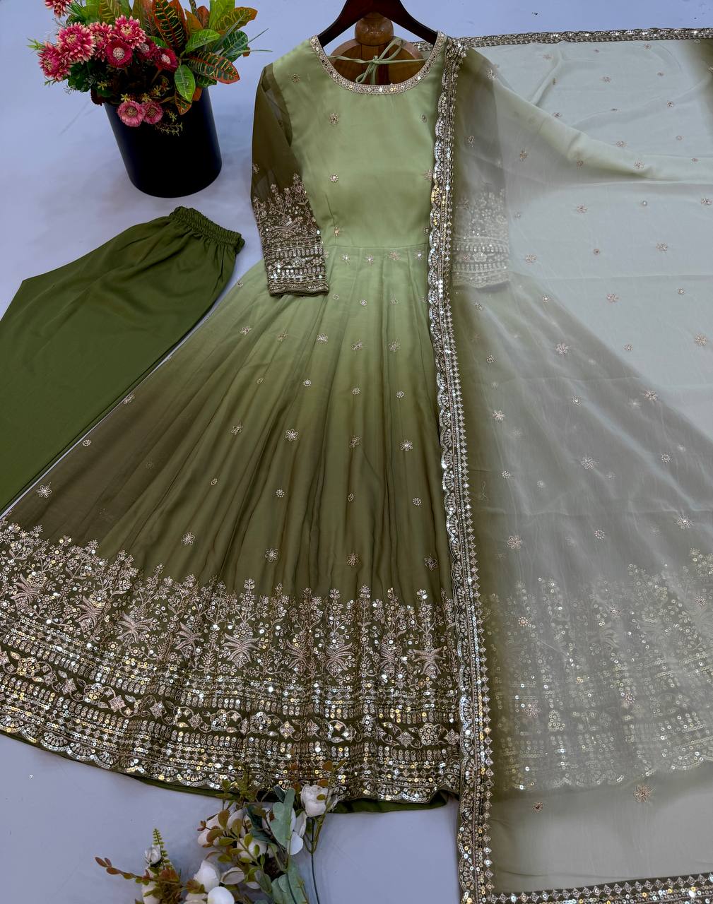 Floral Sequin Embroidered Georgette Anarkali Gown with Designer Dupatta & Pant Set