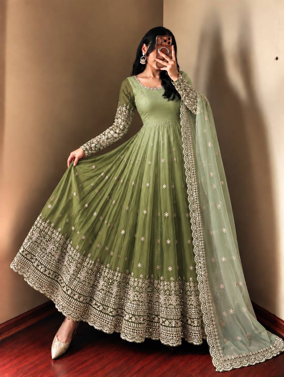 Floral Sequin Embroidered Georgette Anarkali Gown with Designer Dupatta & Pant Set