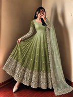 Floral Sequin Embroidered Georgette Anarkali Gown with Designer Dupatta & Pant Set