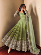 Floral Sequin Embroidered Georgette Anarkali Gown with Designer Dupatta & Pant Set
