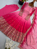 Floral Sequin Embroidered Georgette Anarkali Gown with Designer Dupatta & Pant Set