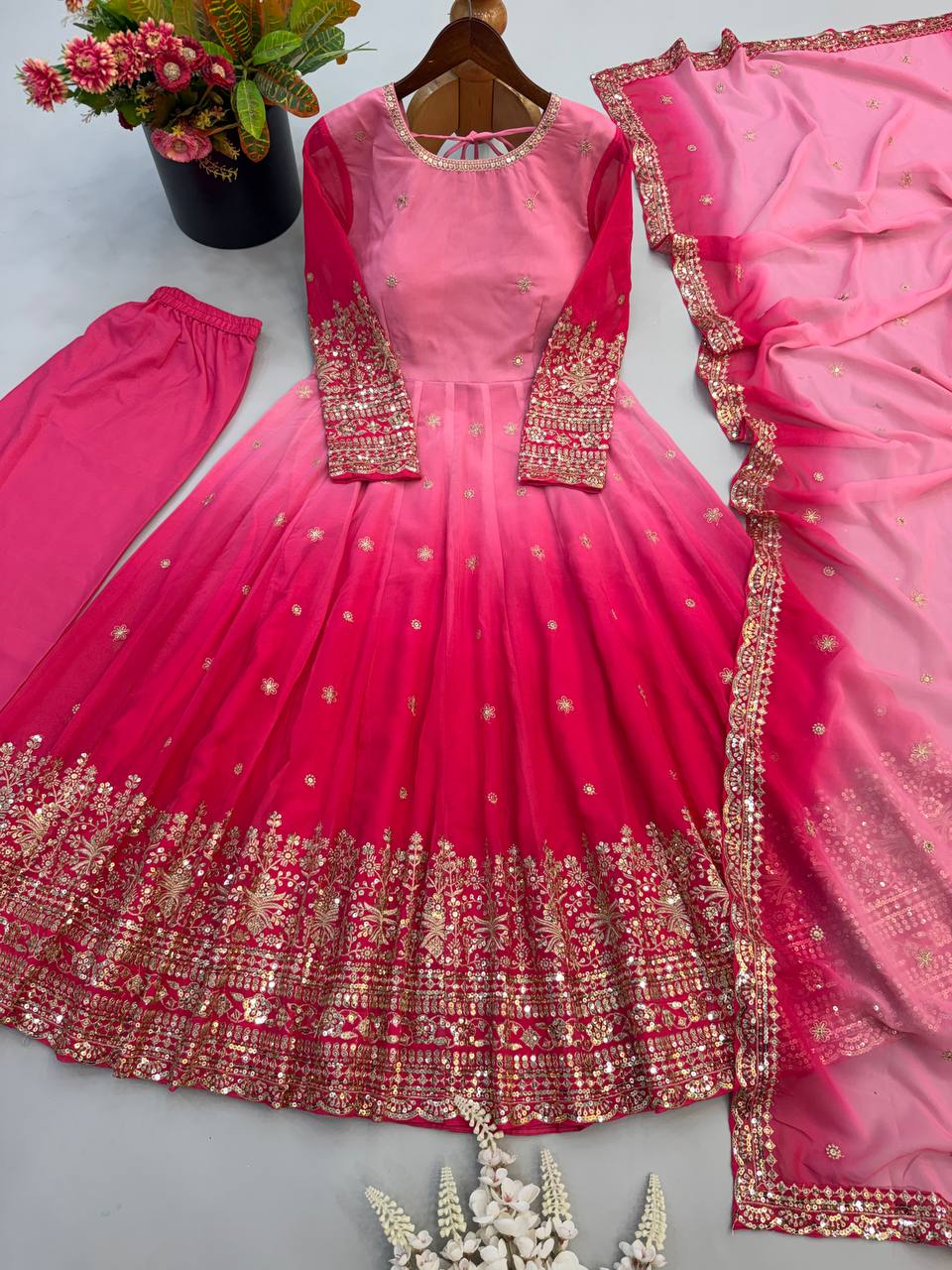 Floral Sequin Embroidered Georgette Anarkali Gown with Designer Dupatta & Pant Set