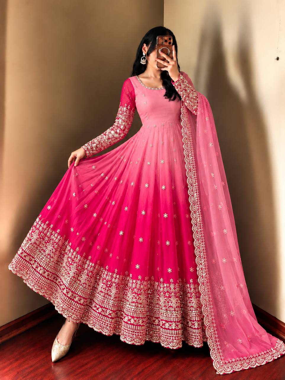 Floral Sequin Embroidered Georgette Anarkali Gown with Designer Dupatta & Pant Set