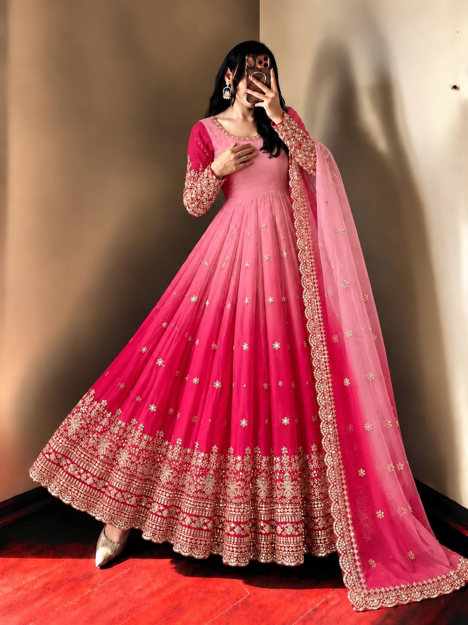 Floral Sequin Embroidered Georgette Anarkali Gown with Designer Dupatta & Pant Set
