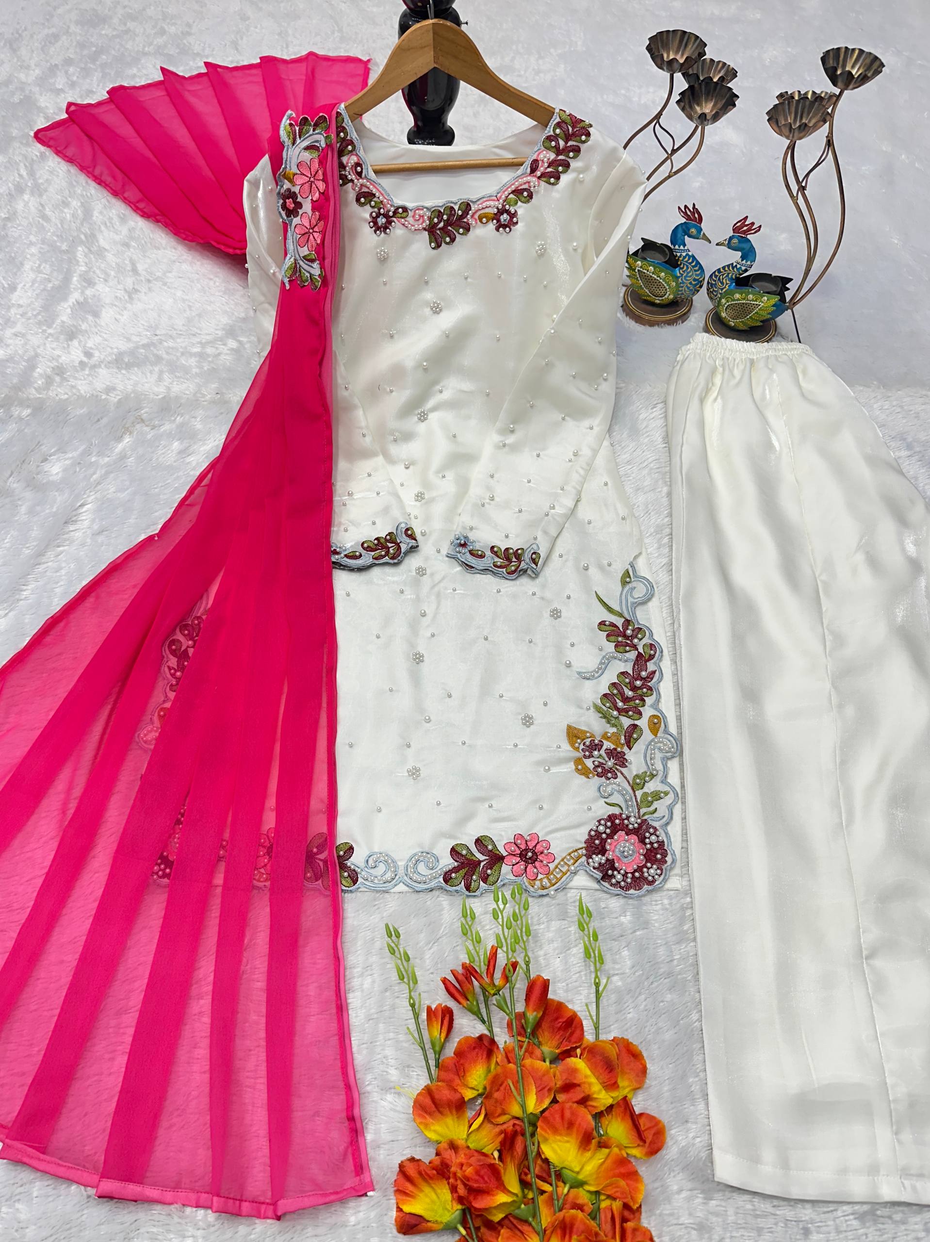 Turn Heads in This Stunning Kurta Palazo Set with Pink Dupatta
