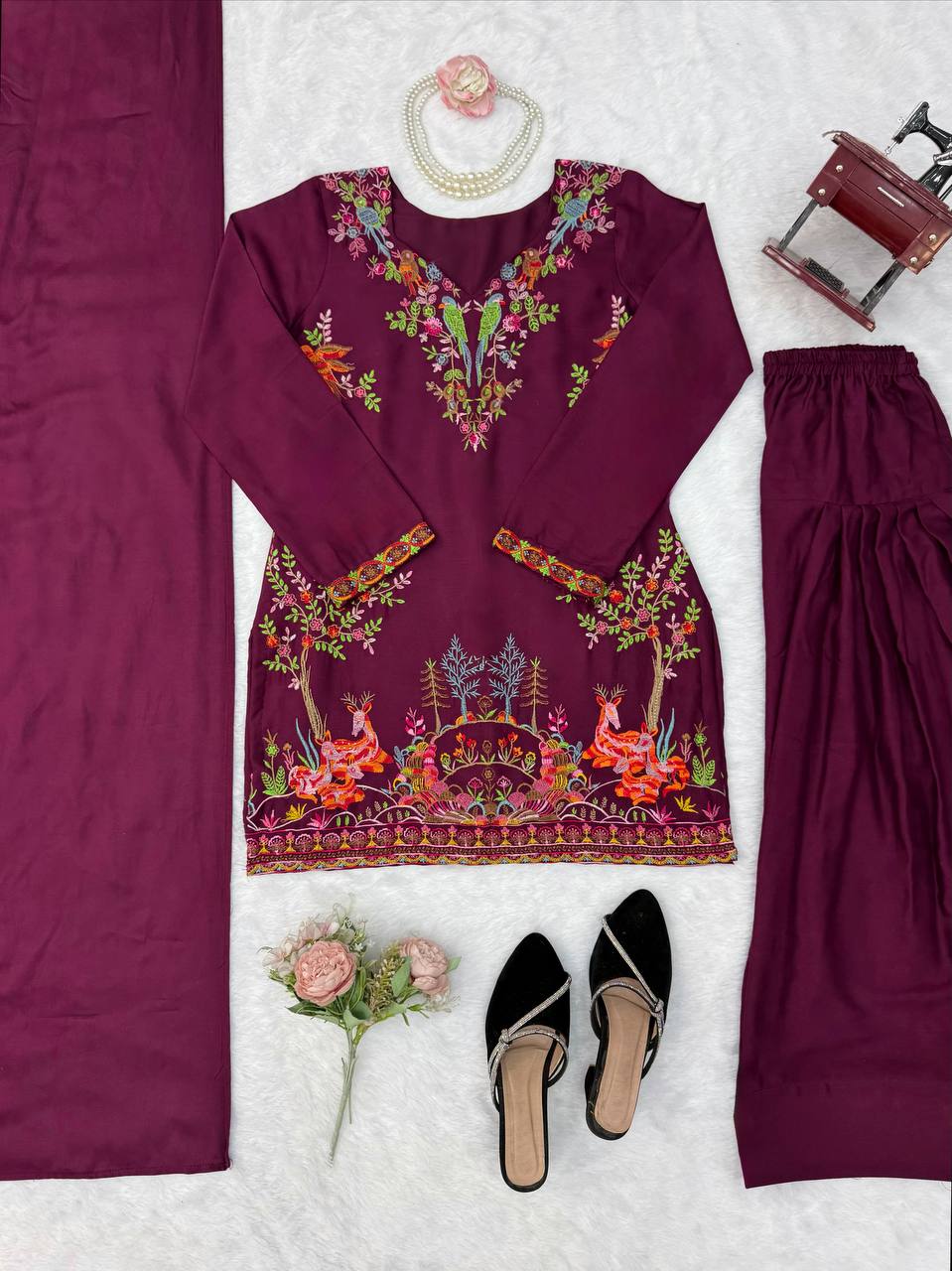 Royal Wine Thread Work Kurta Farshi Salwar Set – Elegant Ethnic Wear for Women