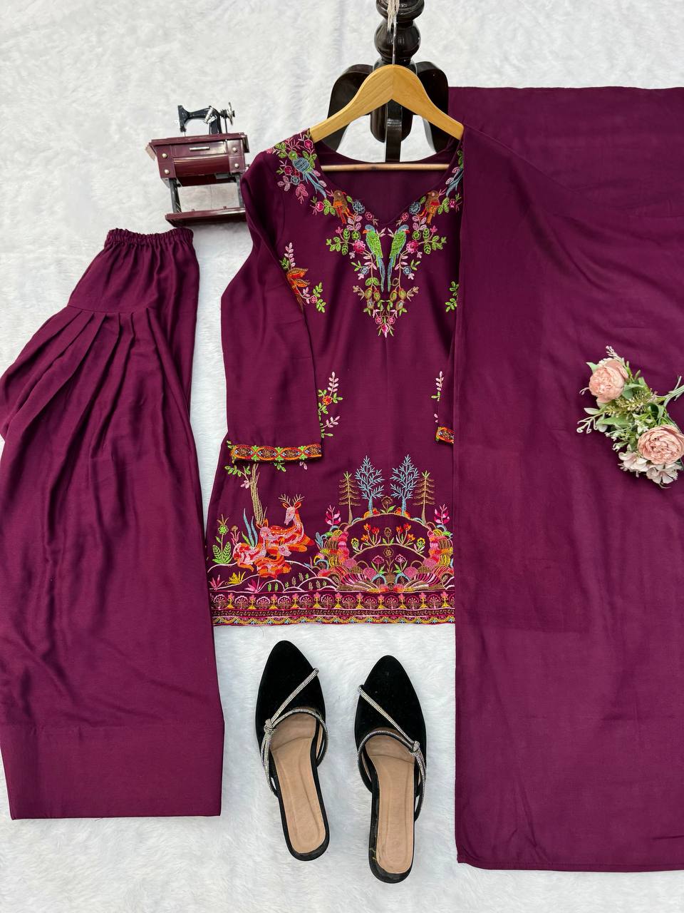 Royal Wine Thread Work Kurta Farshi Salwar Set – Elegant Ethnic Wear for Women
