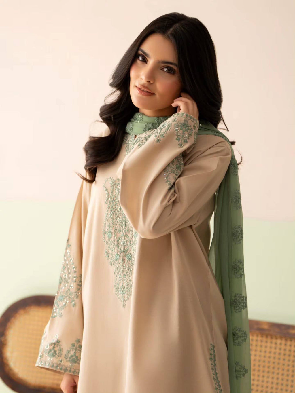 Beige Silk Straight Kurti with Palazzo & Dupatta - Elegant Party Wear