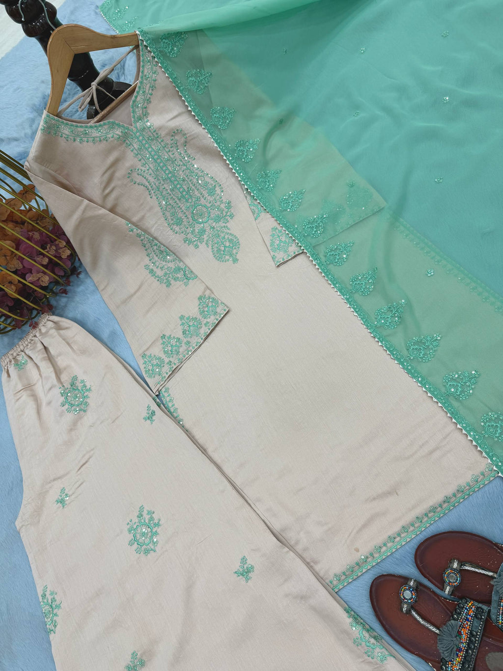 Beige Silk Straight Kurti with Palazzo & Dupatta - Elegant Party Wear