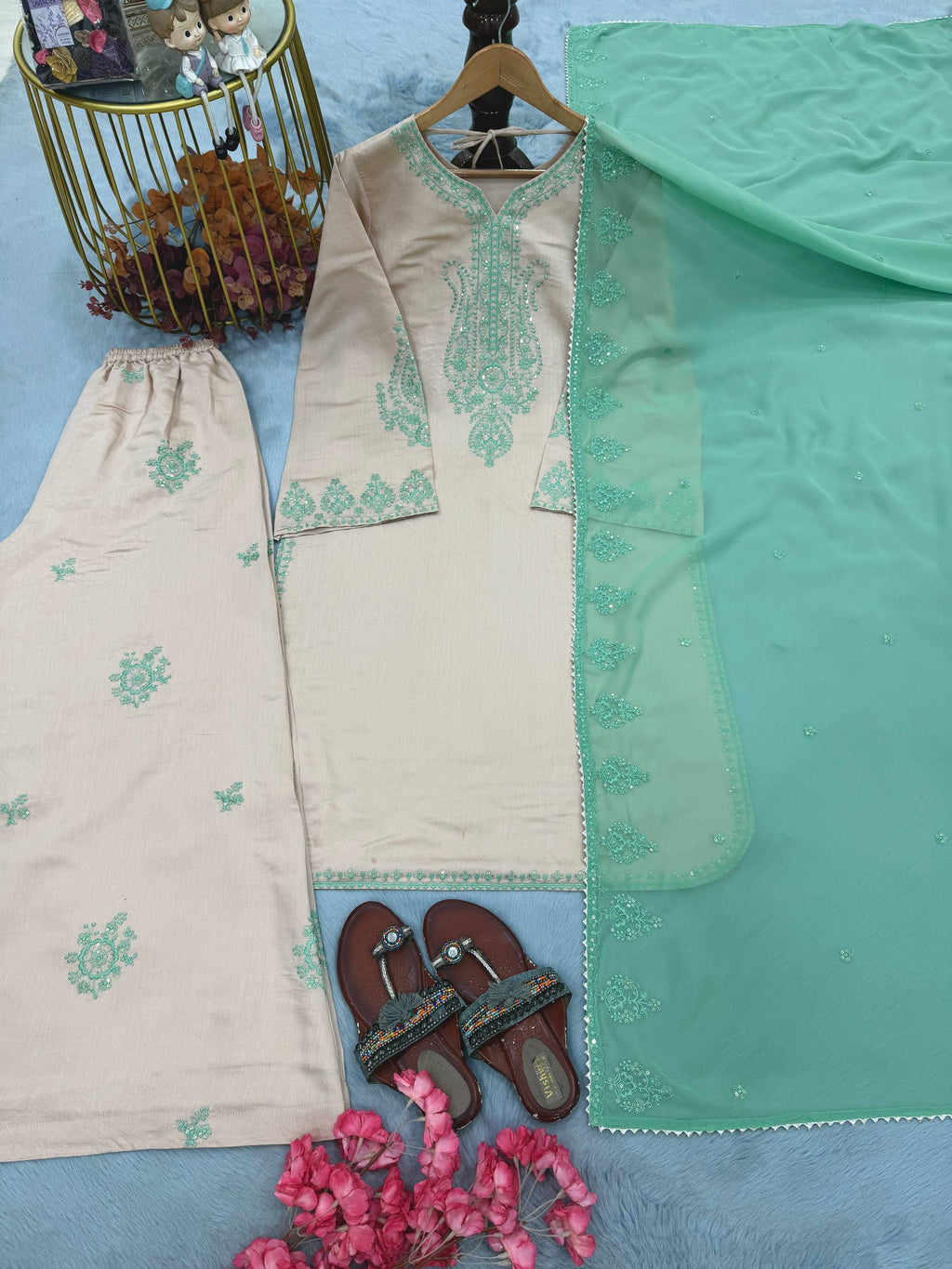 Beige Silk Straight Kurti with Palazzo & Dupatta - Elegant Party Wear