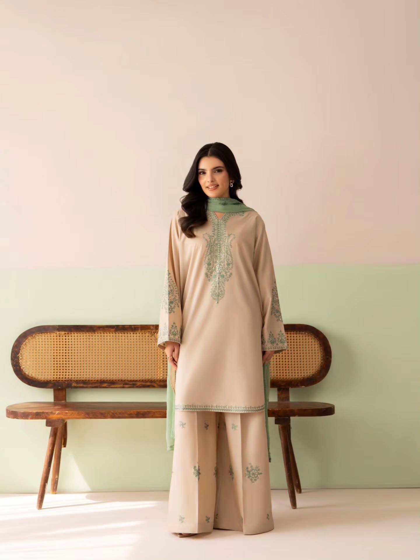 Beige Silk Straight Kurti with Palazzo & Dupatta - Elegant Party Wear