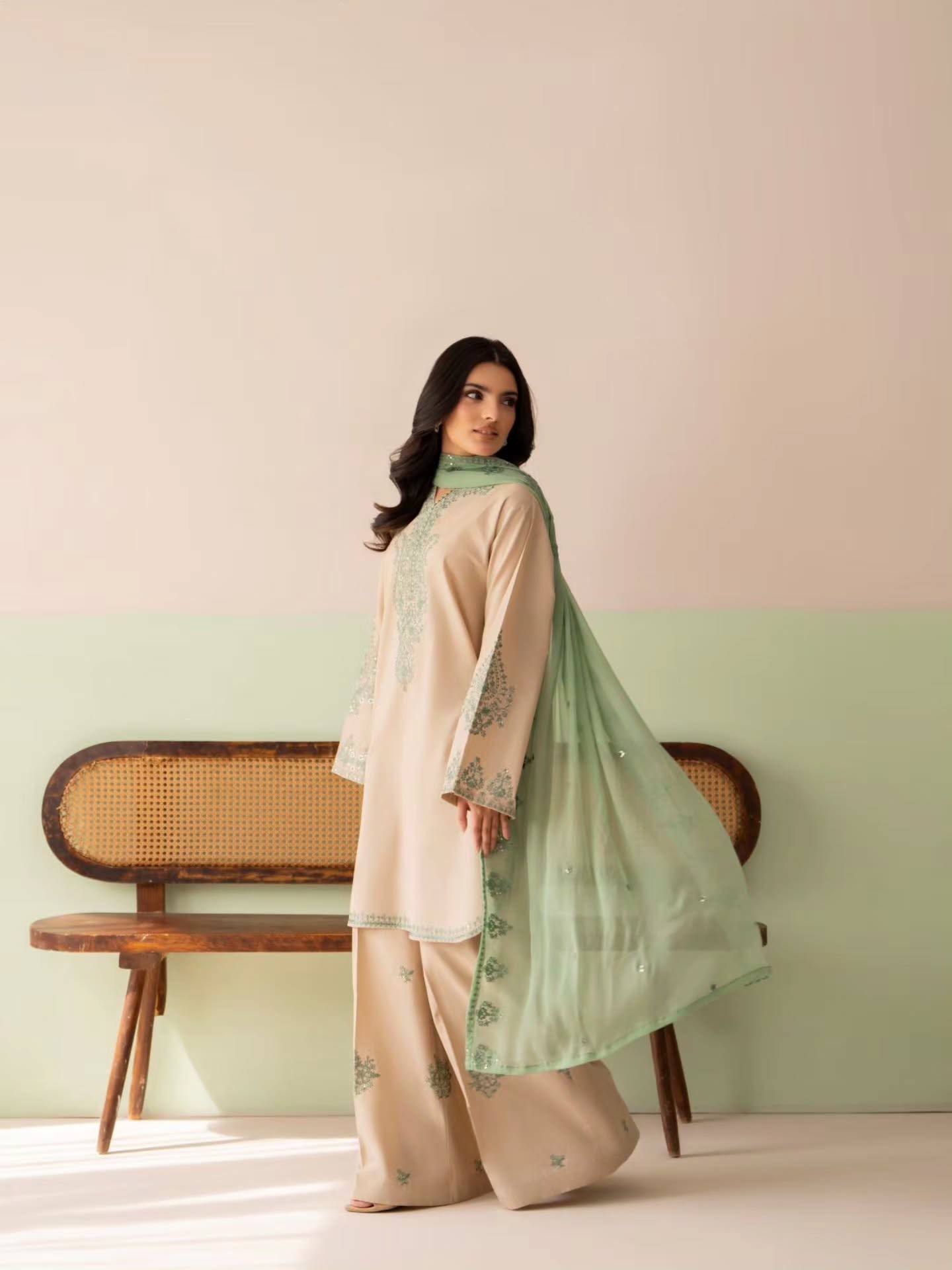 Beige Silk Straight Kurti with Palazzo & Dupatta - Elegant Party Wear