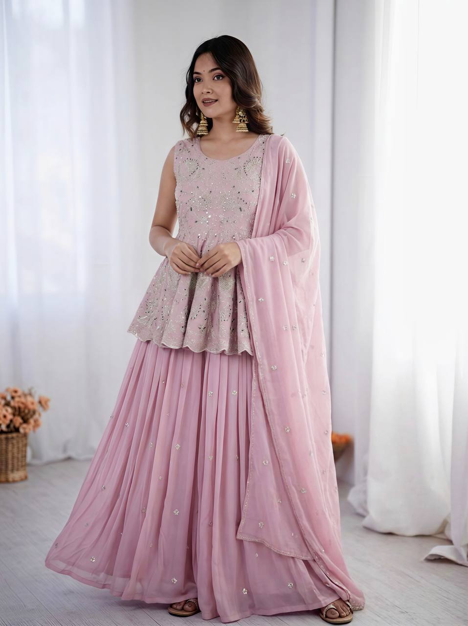 Pink Georgette Partywear Top With Lehenga And Dupatta - Wedding And Festive Wear