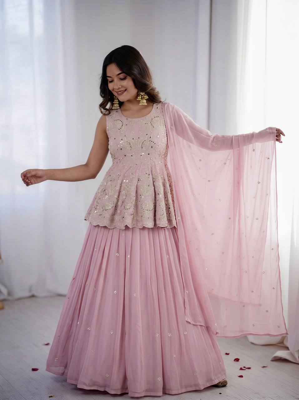 Pink Georgette Partywear Top With Lehenga And Dupatta - Wedding And Festive Wear