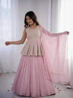 Pink Georgette Partywear Top With Lehenga And Dupatta - Wedding And Festive Wear