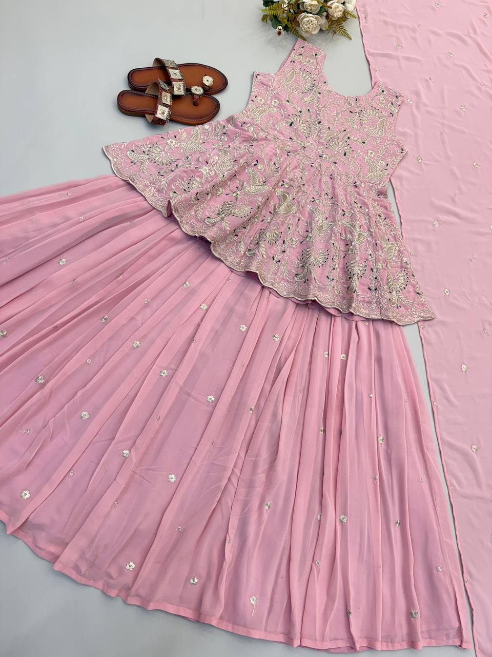 Pink Georgette Partywear Top With Lehenga And Dupatta - Wedding And Festive Wear
