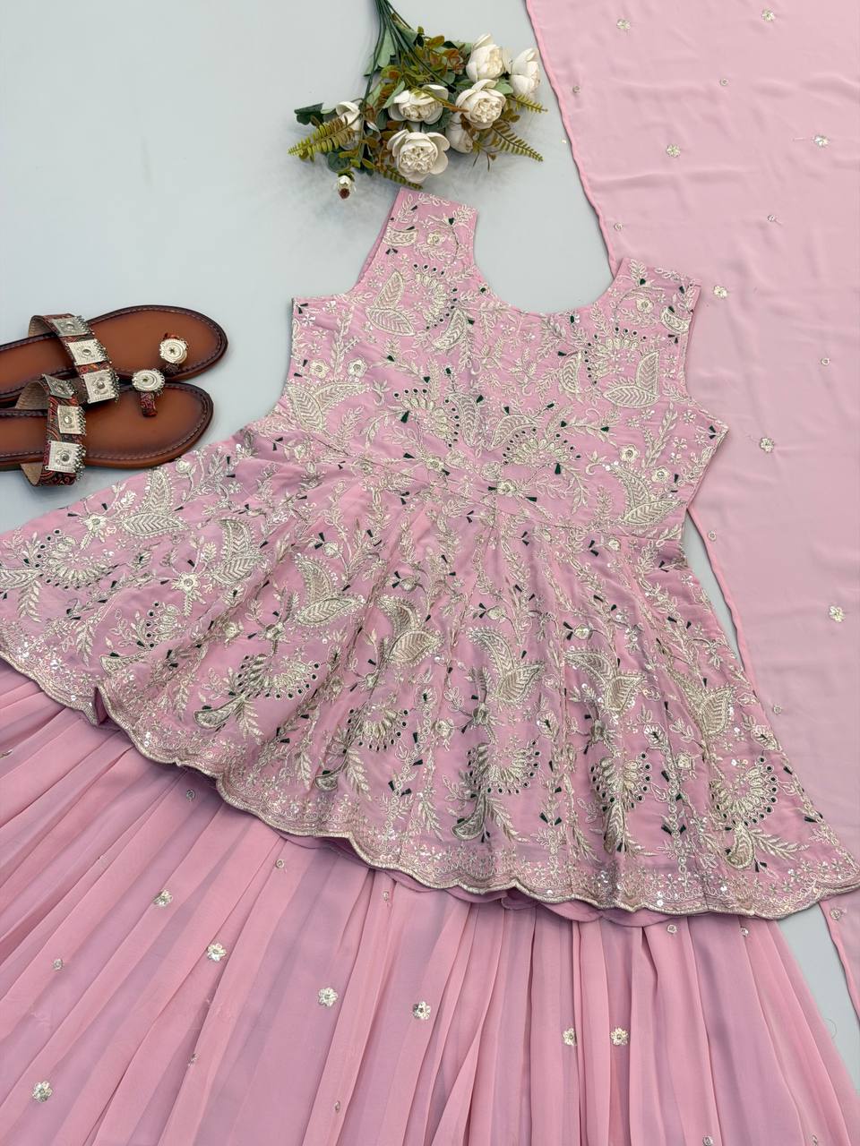 Pink Georgette Partywear Top With Lehenga And Dupatta - Wedding And Festive Wear