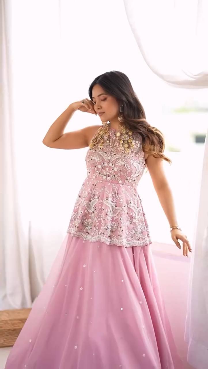Pink Georgette Partywear Top With Lehenga And Dupatta - Wedding And Festive Wear
