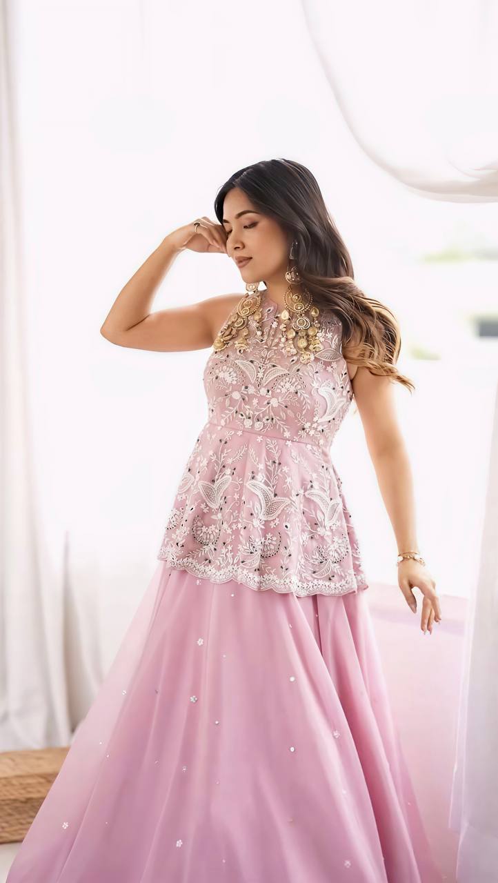 Pink Georgette Partywear Top With Lehenga And Dupatta - Wedding And Festive Wear