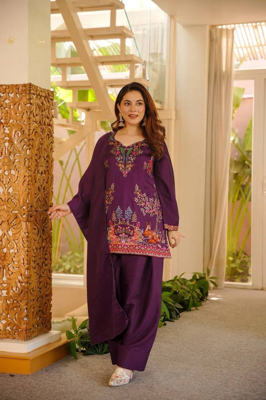 Royal Wine Thread Work Kurta Farshi Salwar Set – Elegant Ethnic Wear for Women