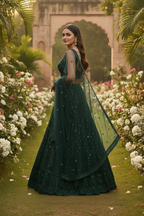 Designer Green Net Lehenga with Rainbow Sequins & Dori Work