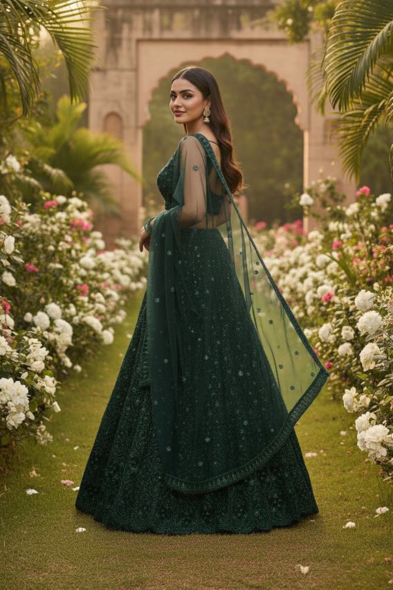 Designer Green Net Lehenga with Rainbow Sequins & Dori Work