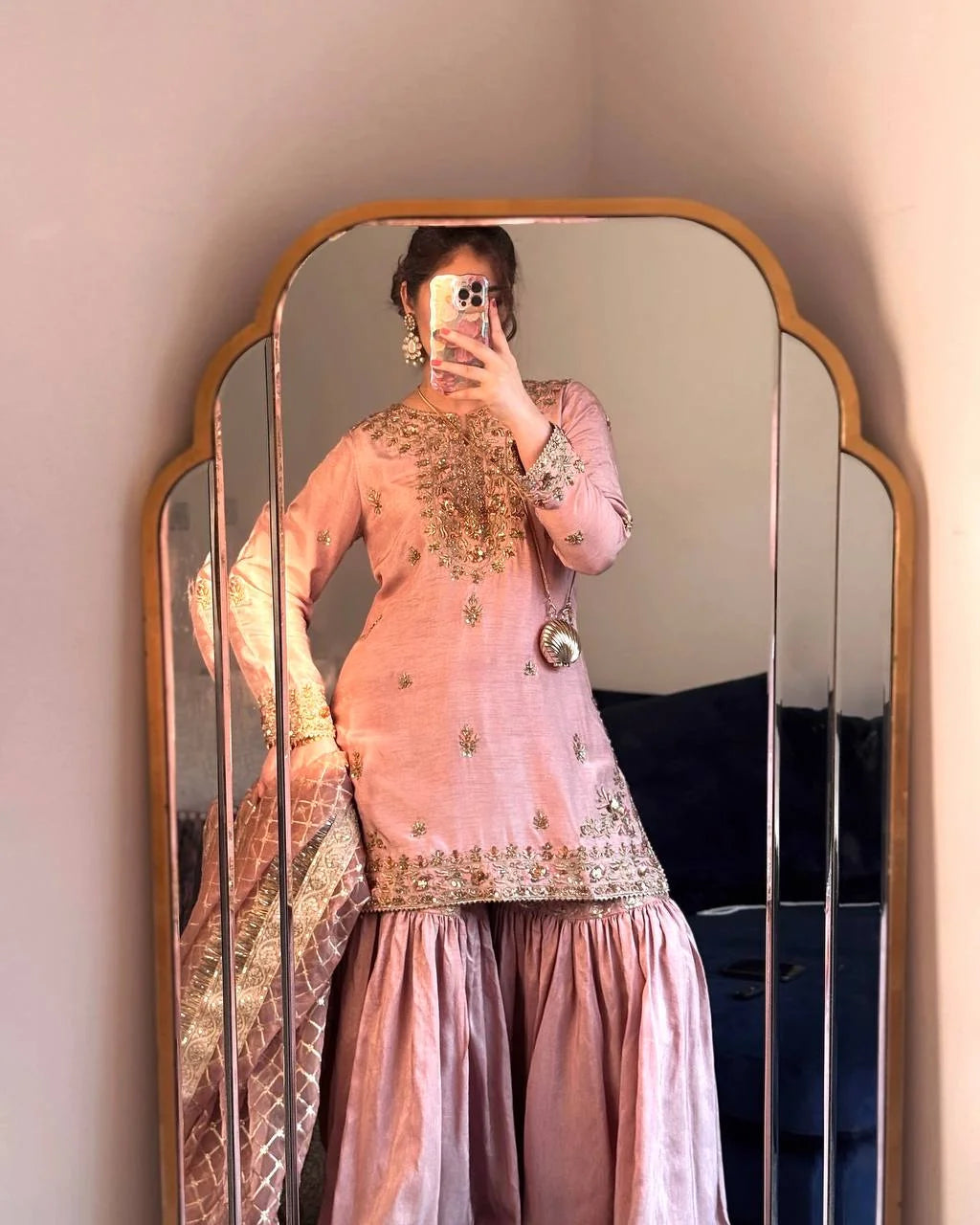 Festive Baby Pink Chinon Sharara Suit with Dupatta – 3 Piece Set